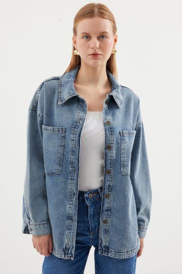 0694 Çift Cepli Oversize Denim Ceket - Buz Mavi resmi